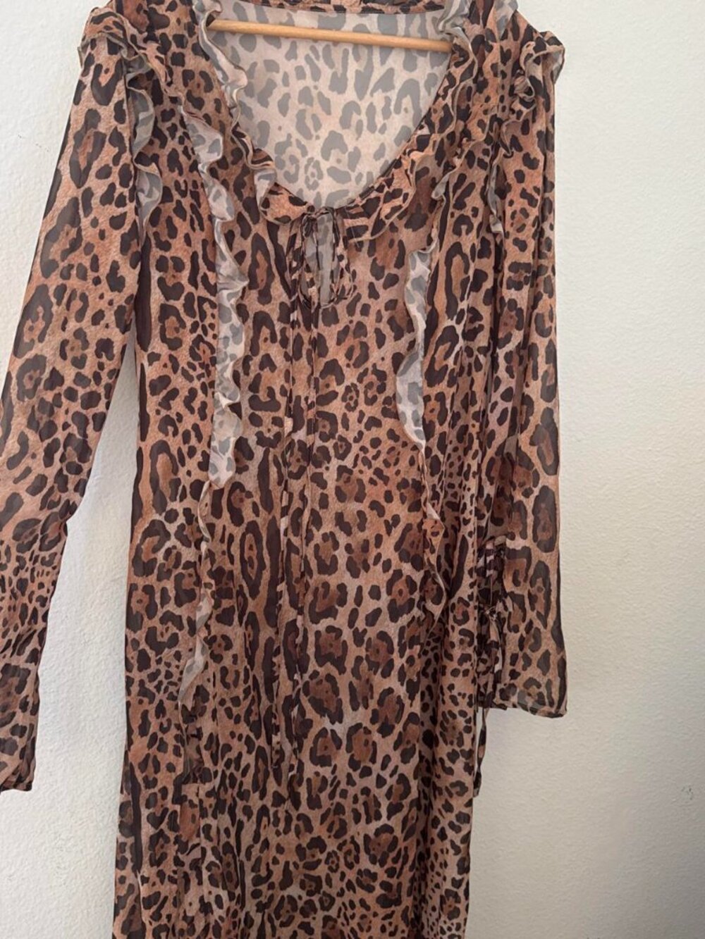 Leopard print maxi dress with ruffles and tie detail